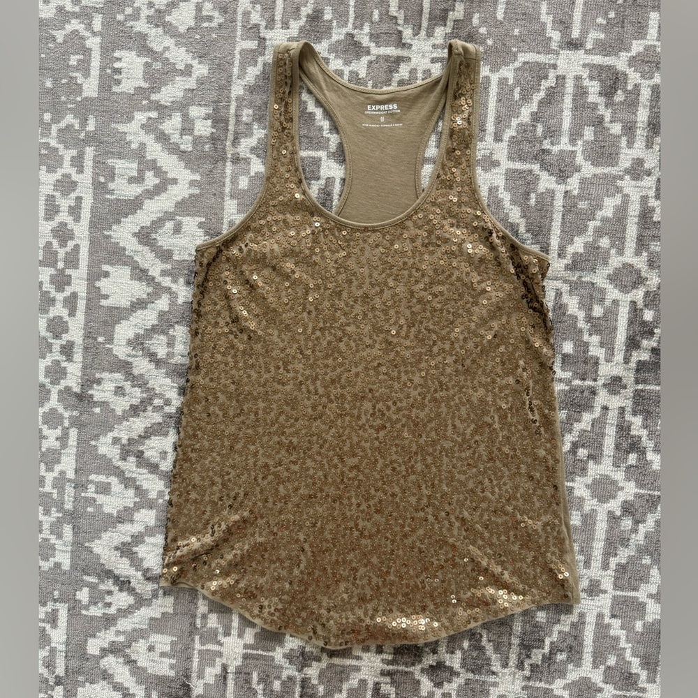 EUC XS Express Gold Sequin Sparkle Shimmer Racer Back Cotton Tank Top